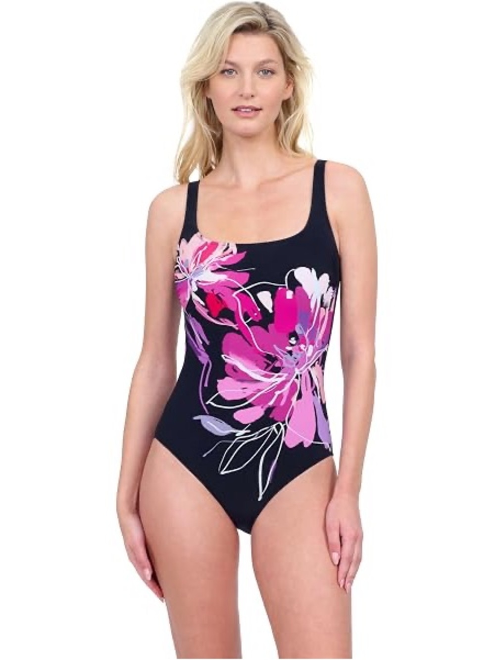 NWT Gottex Water Lily Square Neck Floral One Piece Swimsuit Blk Multi Size 12